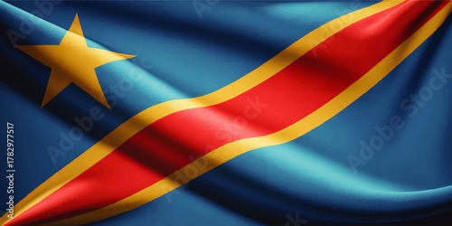 Democratic Republic of the Congo Flag Waving in Wind – High Resolution, Realistic Texture, Blue Background, National Symbol