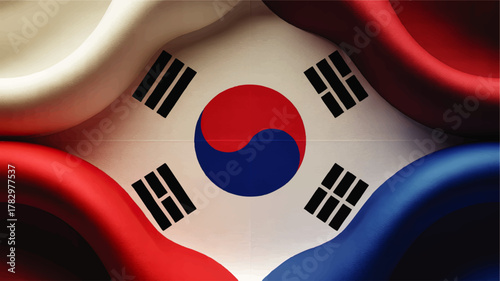 Vibrant 3D Render of South Korea Flag with Red, Blue, and Ivory Folds – Modern Korean Symbol, National Identity, Vector Art