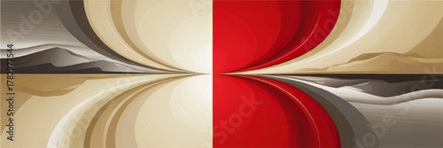 Abstract geometric landscape illustration with red center, stylized mountains, curved lines, beige and gray tones, modern art