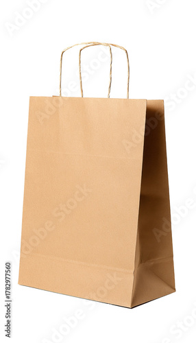 brown paper shopping bag with handles on white background