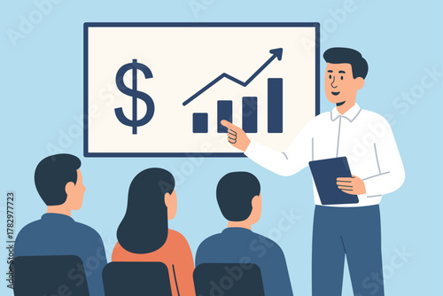 Illustration of Man Presenting Financial Growth Chart with Dollar Sign to Audience in Meeting Room