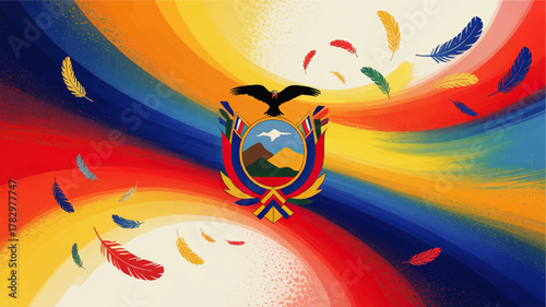 Vibrant Ecuador Abstract Art with National Emblem, Colorful Feathers, Andean Mountains and Dynamic Brushstroke Background