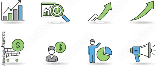 Business and finance icon set with arrows and symbols for web and success concepts