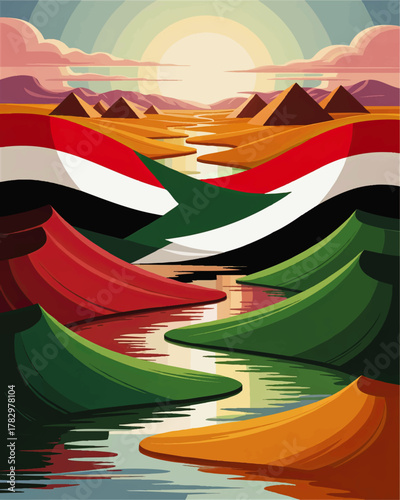 Vibrant Sudanese Flag Landscape Illustration with Pyramids and Nile River at Sunrise, Vector Art for Heritage and Travel Concepts