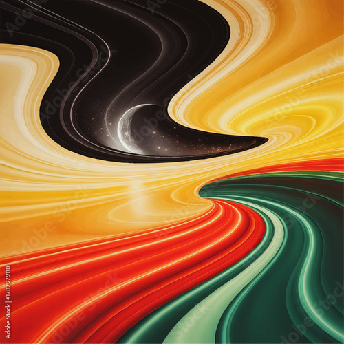 Surreal Abstract Cosmic Landscape with Crescent Moon, Vibrant Swirling Colors, and Futuristic Wavy Patterns for Modern Design