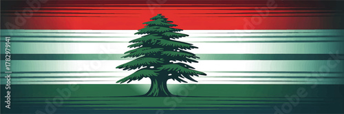 Artistic Lebanese Flag Illustration with Vibrant Cedar Tree, Red White Green Stripes, Grunge Brush Stroke Effect, Modern Design