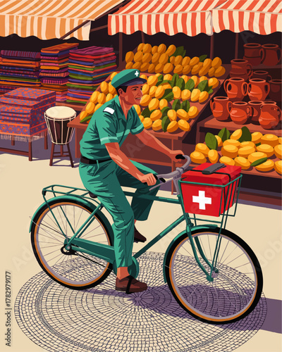 Medical Worker on Bicycle Delivering First Aid Through Vibrant Outdoor Market with Colorful Fruits and Fabrics, Vector Illustration