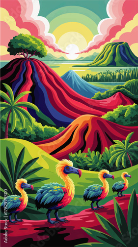 Vibrant Exotic Landscape with Colorful Dodo Birds, Lush Tropical Mountains, Sunrise Sky, and Jungle Plants – Vector Illustration