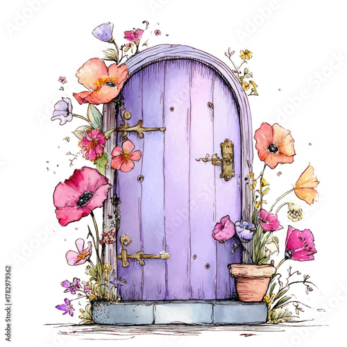 Cute, whimsical fairy door with flowers, in a soft purple pastel color palette, isolated on a white background. 