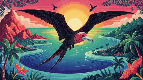 Tropical Frigate Bird Flying Over Sunset Lagoon, Vibrant Exotic Island Landscape with Palm Trees, Mountains, and Ocean Birds Illustration