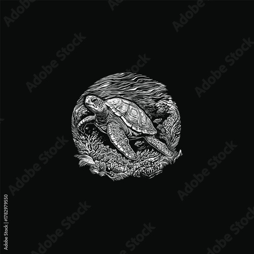 engraving-style illustration of a majestic sea turtle swimming gracefully through vibrant underwater coral reefs and seaweed