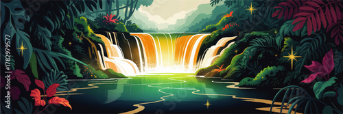 Lush Tropical Waterfall in Jungle Forest, Vibrant Nature Landscape, Vector Illustration for Adventure and Relaxation Themes