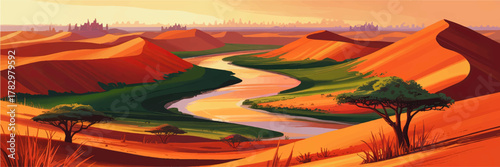 Vibrant Desert Landscape Illustration with River, Rolling Sand Dunes and Trees at Sunset for Nature and Travel Concepts