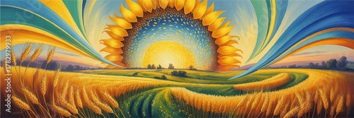 Vibrant Abstract Sunflower and Wheat Field Landscape Painting With Swirling Blue and Yellow Sky at Sunrise