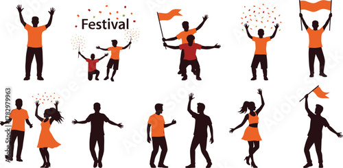 Festival celebration vector, dancing silhouettes, orange outfit figures, waving flags, confetti joy, party crowd, unity pose, festive design, stock illustration, event icon