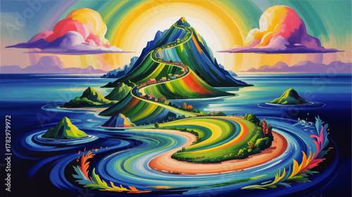 Vibrant Surreal Landscape Art with Winding Road, Colorful Mountain, Islands and Ocean Under Dramatic Sunset Sky