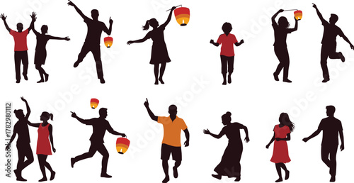 Festival celebration silhouettes, dancing figures, lantern holding, joyful movement, cultural event, red clothing, black vector, festive icons, Asian tradition, celebration pose, party scene