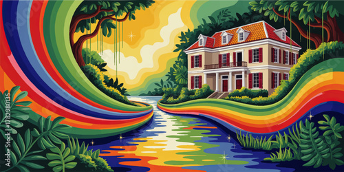 Vibrant Rainbow River Landscape with Colonial House, Lush Jungle, Sunshine and Colorful Nature in Vector Illustration