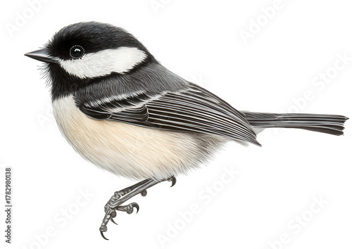 A charming blackcapped chickadee perched gracefully, isolated on transparent background, showcasing its distinctive black cap and bib, with white cheeks and soft gray plumage