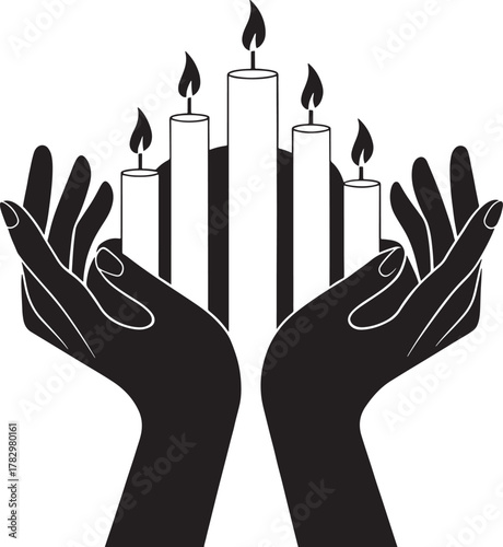 Kwanzaa african culture Black and white graphic of five lit candles held by two cupped hands light flame