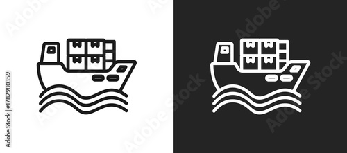 Cargo Ship Outline Icon In Black And White Filled Style