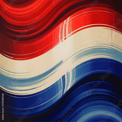 Abstract Netherlands Flag Colors Grunge Painting, Red White Blue Artistic Brush Stroke Wave Background, Dutch National Art