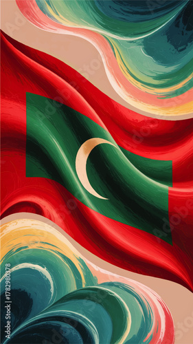 Vibrant Artistic Illustration of Maldives Flag in Abstract Colorful Swirl Background – National Symbol Modern Art