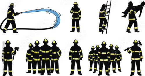 Firefighter silhouettes, emergency response, rescue operation, fire safety, protective gear, teamwork, hose spray, ladder climb, group coordination, fire crew, heroic action, fire suppression