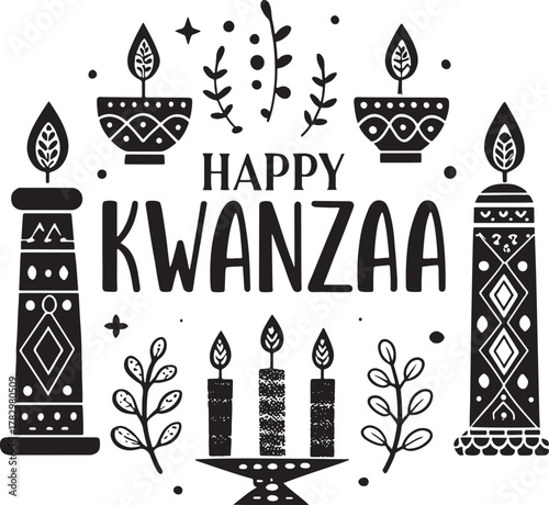 Kwanzaa african culture Black and white Kwanzaa celebration graphic with candles and festive elements