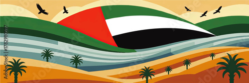 Vibrant UAE Flag Landscape Illustration with Desert, Palms, Colorful Hills and Flying Birds in Modern Artistic Style