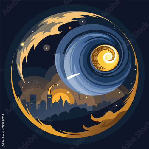 Stylized Swirling Sky Over Cityscape at Night storm