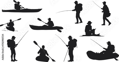 Fishing and kayaking silhouette, outdoor sport vector, black paddler icon, angler clipart, nature activity graphic, water recreation design