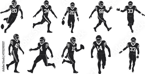 Football silhouettes, American football vector, athlete action, sports pose, football player, jersey number, black silhouette, team sport, football throw, football run,