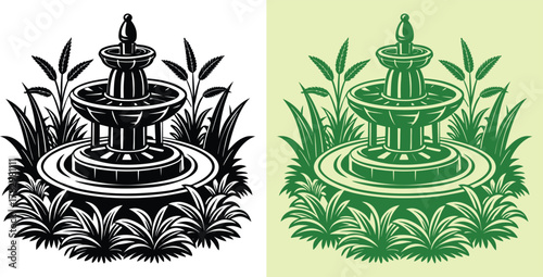 Elegant fountain illustration in black and green, perfect for garden design, landscape architecture, or creating a peaceful, natural atmosphere in your designs
