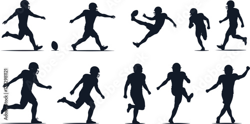 Football silhouettes, American football vector, athlete action, sports pose, football player, black silhouette, dynamic movement, team sport, football kick, football run