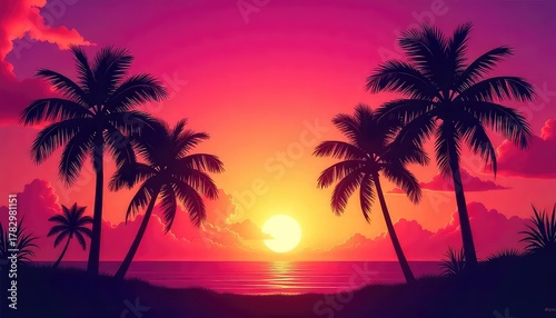 A vibrant sunset over the ocean with palm trees silhouetted against the colorful sky and calm water