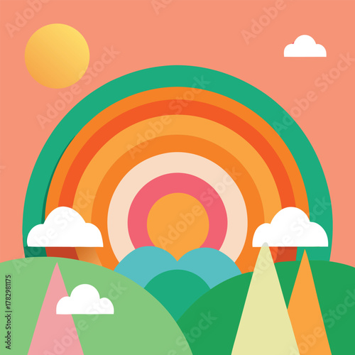 Sunny landscape with layered rainbow and colorful hills