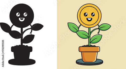 Grow your business with this adorable coin plant, a symbol of financial success and prosperity in a cute cartoon style, perfect for finance blogs