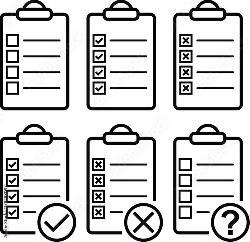 Six black and white clipboards displaying checklist items with different status indicators shown