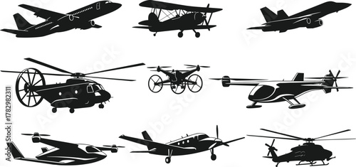 Aircraft silhouette vector, aviation technology clipart, black flying vehicle icon, drone jet helicopter graphic, futuristic aircraft design