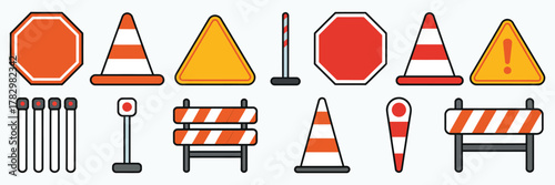 Set of construction and safety traffic signs and cones