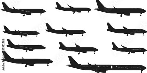 Airplane silhouette, aircraft profile, commercial jet, aviation design, flight icon, travel concept, airline fleet, jetliner shape, aerospace graphic, transport