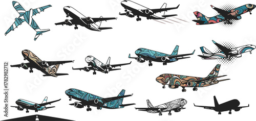 Airplane illustration set, artistic aircraft vector, colorful flight icons, abstract aviation graphics, patterned plane designs, creative transport pack, runway scene