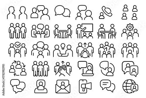 40 Minimal Line Icons of People Talking, Meeting, and Working Together