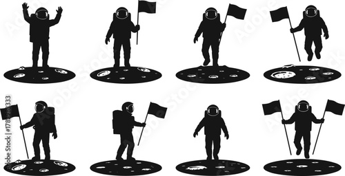 Astronaut silhouettes, moon landing, space exploration, lunar surface, flag planting, black vector, crater texture, achievement, astronaut pose, cosmic mission, space suit