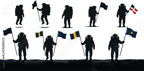 Astronaut silhouettes, space exploration, planetary flags, moon surface, space suit, black vector, cosmic mission, flag planting, astronaut pose, lunar terrain, space icons, astronaut graphic