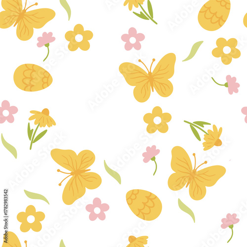 Happy Easter seamless vector pattern. Easter eggs, bunny, butterflies, and chicks in a creative repeating design. A repeating endless flat design in pastel colors.