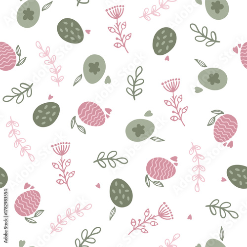 Happy Easter seamless vector pattern. Easter eggs, bunny, butterflies, and chicks in a creative repeating design. A repeating endless flat design in pastel colors.