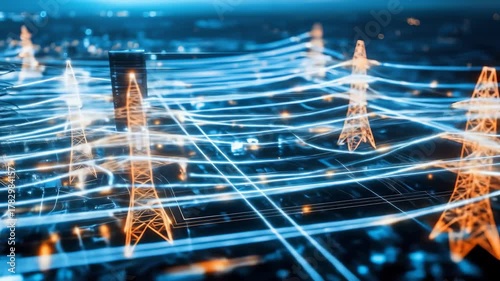 Futuristic digital cityscape featuring illuminated power lines and transmission towers night, showcasing advanced technology, interconnected network, and modern energy infrastructure vibrant urban