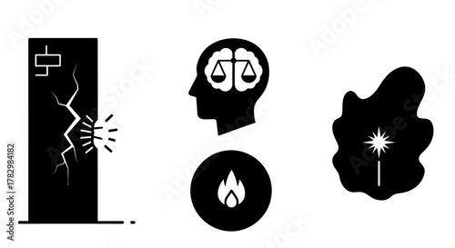 Conceptual icons representing breaking barriers, balanced thinking, and creative sparks for dynamic business and idea generation presentations